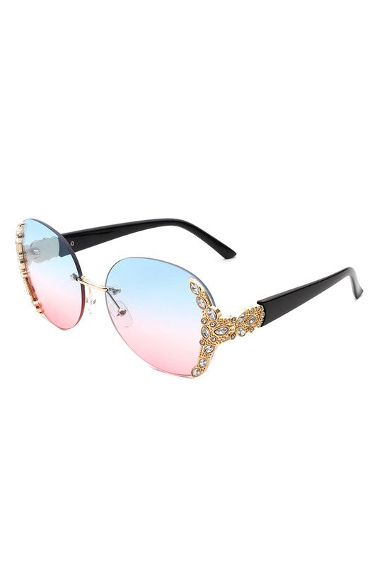 RIMLESS ROUND RHINESTONE OVERSIZED SUNGLASSES