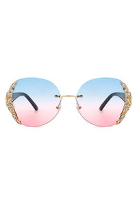 RIMLESS ROUND RHINESTONE OVERSIZED SUNGLASSES