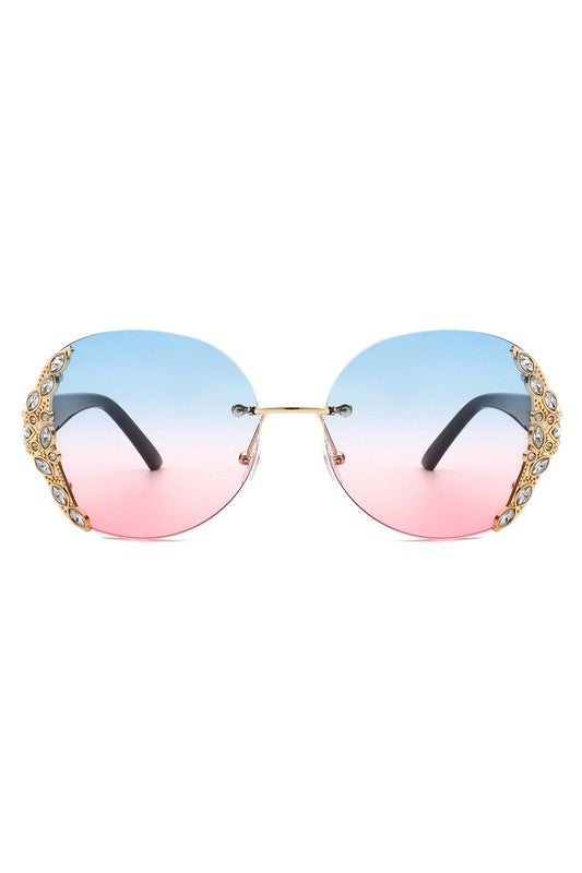 RIMLESS ROUND RHINESTONE OVERSIZED SUNGLASSES