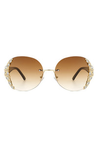 RIMLESS ROUND RHINESTONE OVERSIZED SUNGLASSES