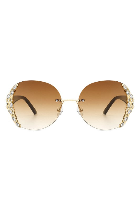 RIMLESS ROUND RHINESTONE OVERSIZED SUNGLASSES