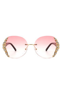 RIMLESS ROUND RHINESTONE OVERSIZED SUNGLASSES