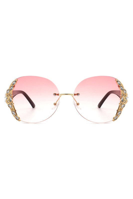 RIMLESS ROUND RHINESTONE OVERSIZED SUNGLASSES