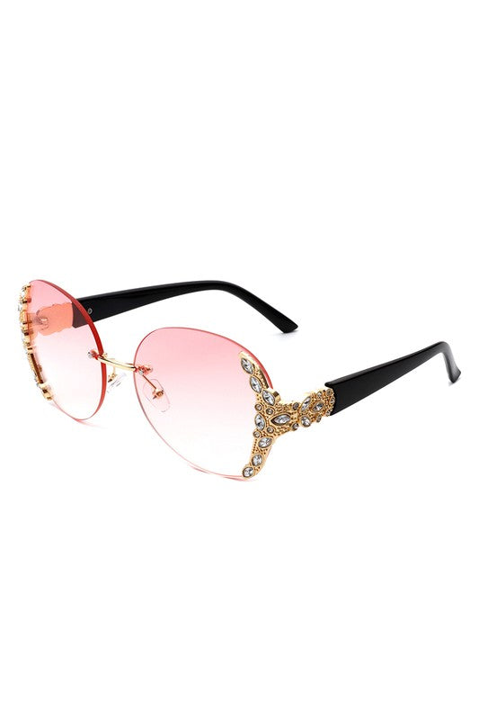 RIMLESS ROUND RHINESTONE OVERSIZED SUNGLASSES