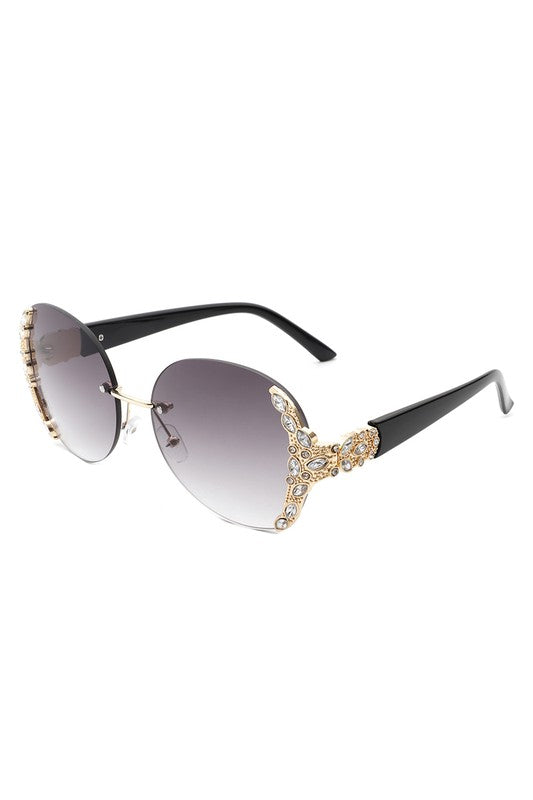 RIMLESS ROUND RHINESTONE OVERSIZED SUNGLASSES