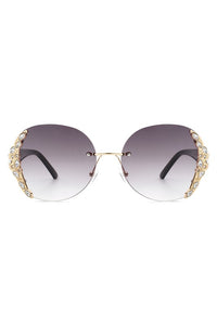 RIMLESS ROUND RHINESTONE OVERSIZED SUNGLASSES