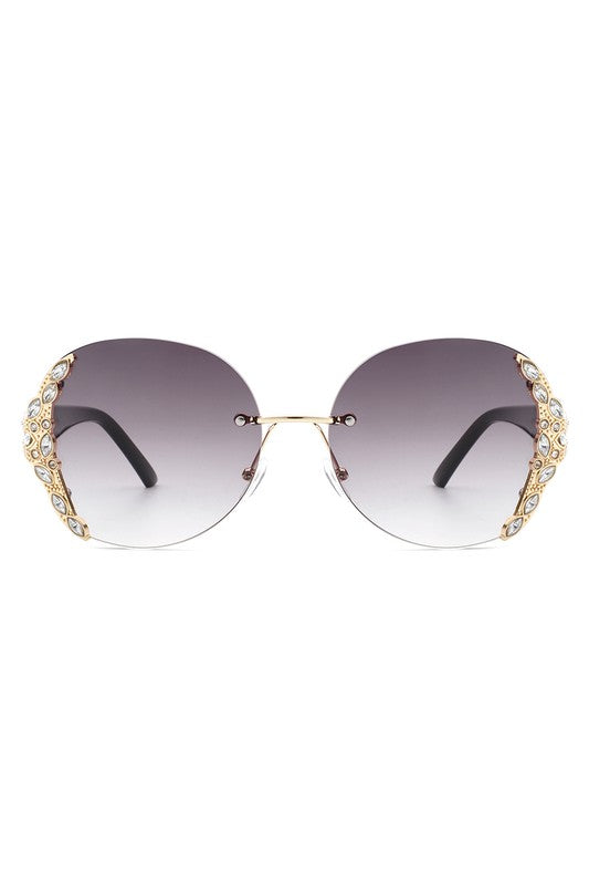 RIMLESS ROUND RHINESTONE OVERSIZED SUNGLASSES