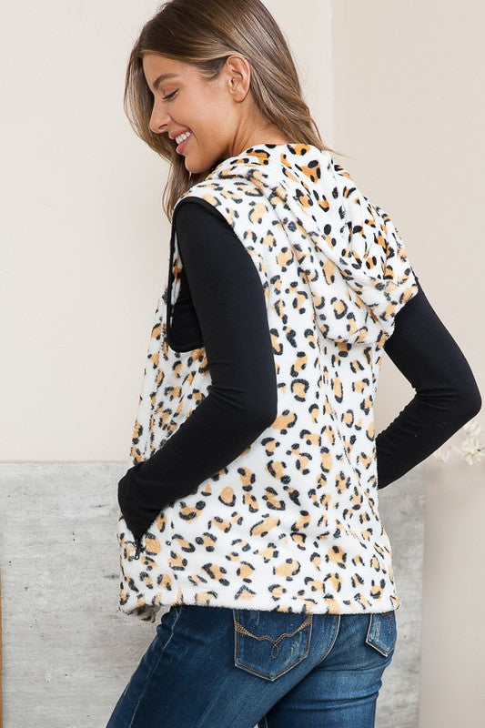 Leopard Hoodie Vest With Pockets