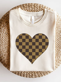 Brown Checkered Heart Crew Neck Tee (Plus)