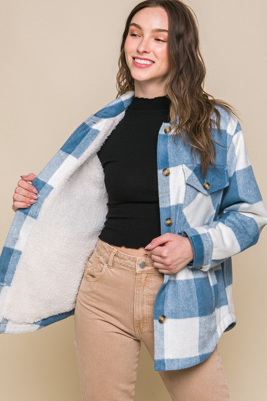 Plaid Button Down Jacket with Front Pocket Detail