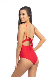 RED SCALLOP ONE-PIECE SWIMSUIT