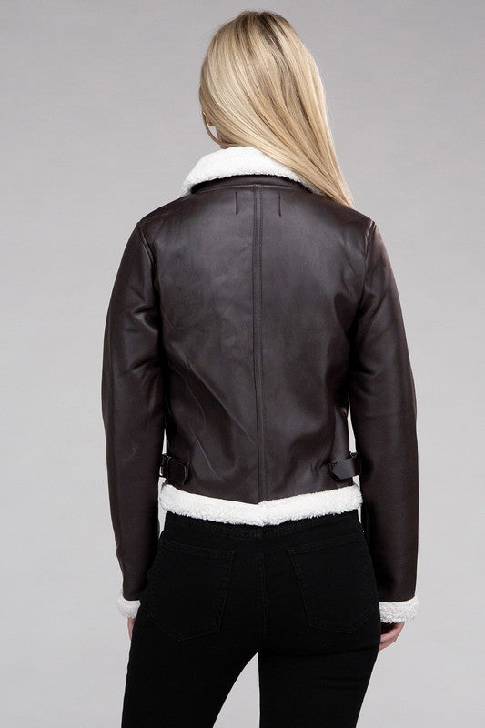 Plush Teddy Trimmed Pleather Jacket