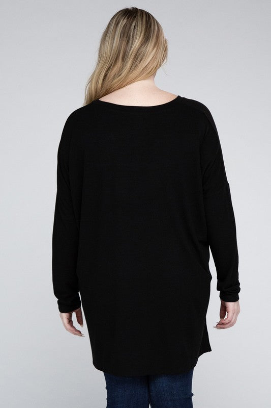 Plus Dolman Sleeve V-Neck Side Slit Hi-Low Hem Top