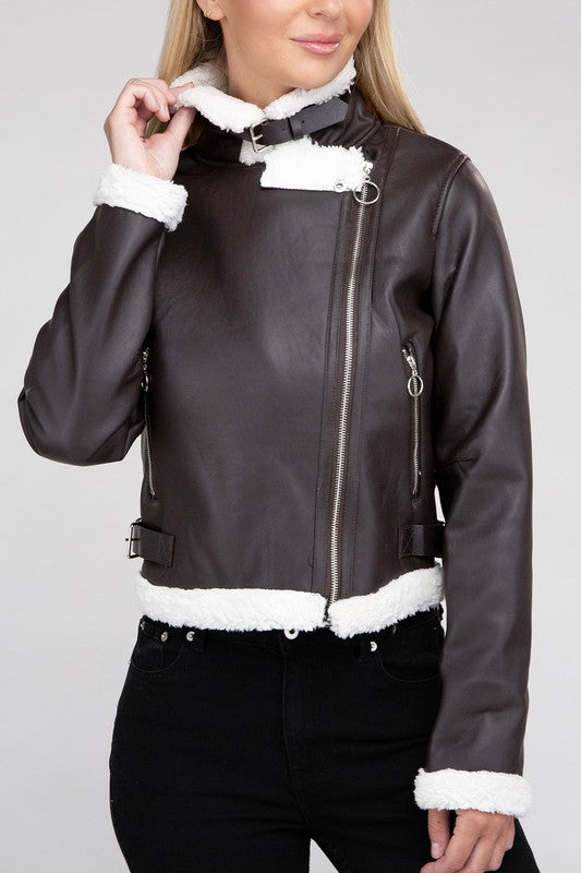 Plush Teddy Trimmed Pleather Jacket